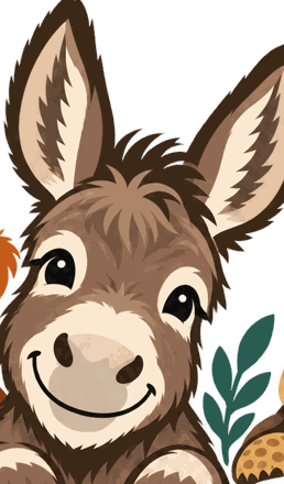 Illustration of Pickles, a smiling gray-brown mini donkey