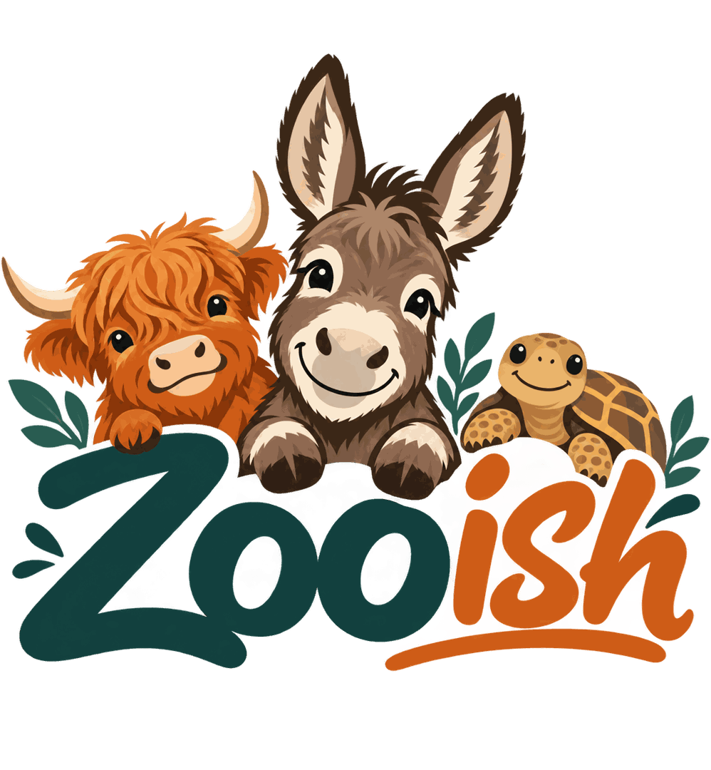 Zooish logo: a Highland calf, a donkey and a tortoise peeking over the word Zooish